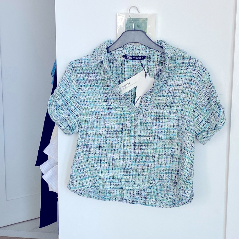 Zara XS Blue/Green Crop Blouse with Pearl Button Detail - NWT